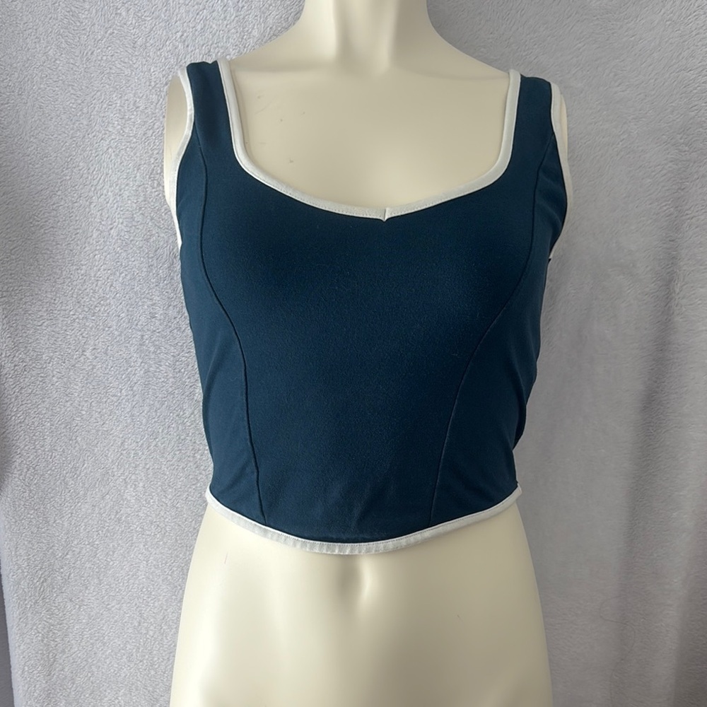 Blue Corset Top with White‎ Trim Sleeveless Tank Top Fitted Crop Top